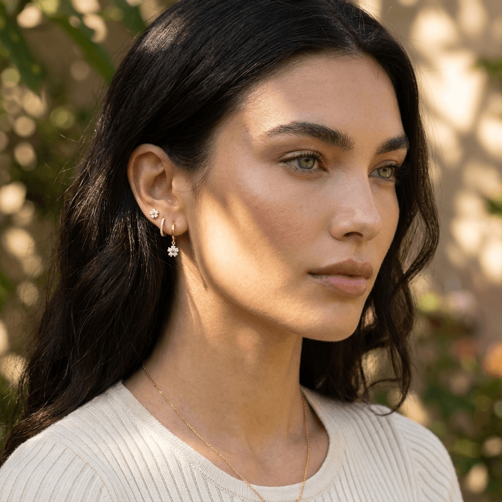 Gold Floral Stud and Hoop Ear Stack Set